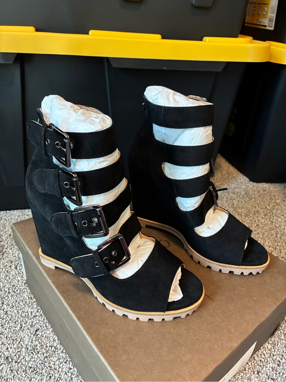 Paolo Black Strappy Suede Wedge Boots with Buckles